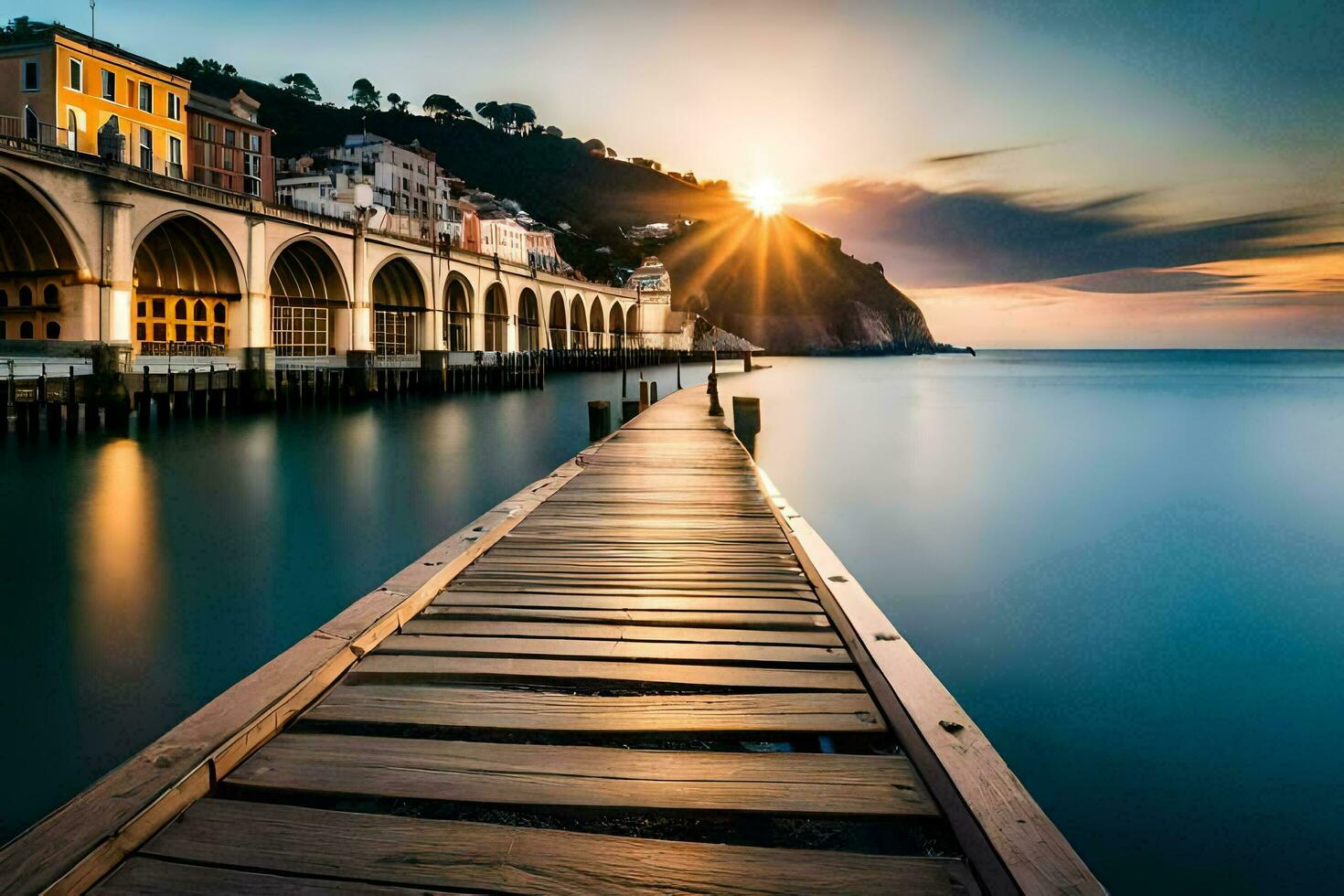 a wooden pier stretches out into the ocean at sunset. AI-Generated photo