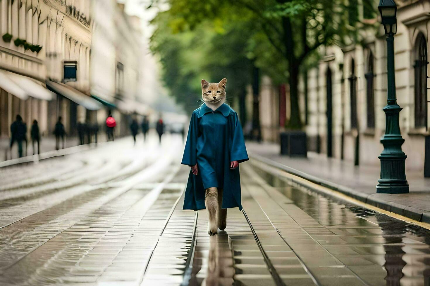 a fox in a blue coat walking down a street. AI-Generated photo