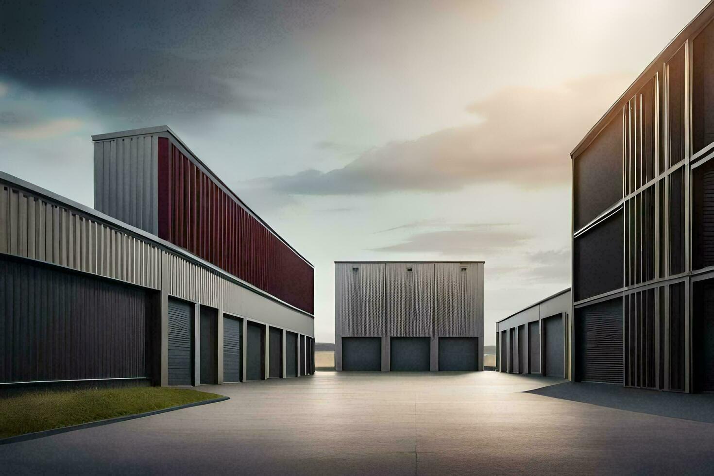 a large warehouse with two large doors. AI-Generated photo