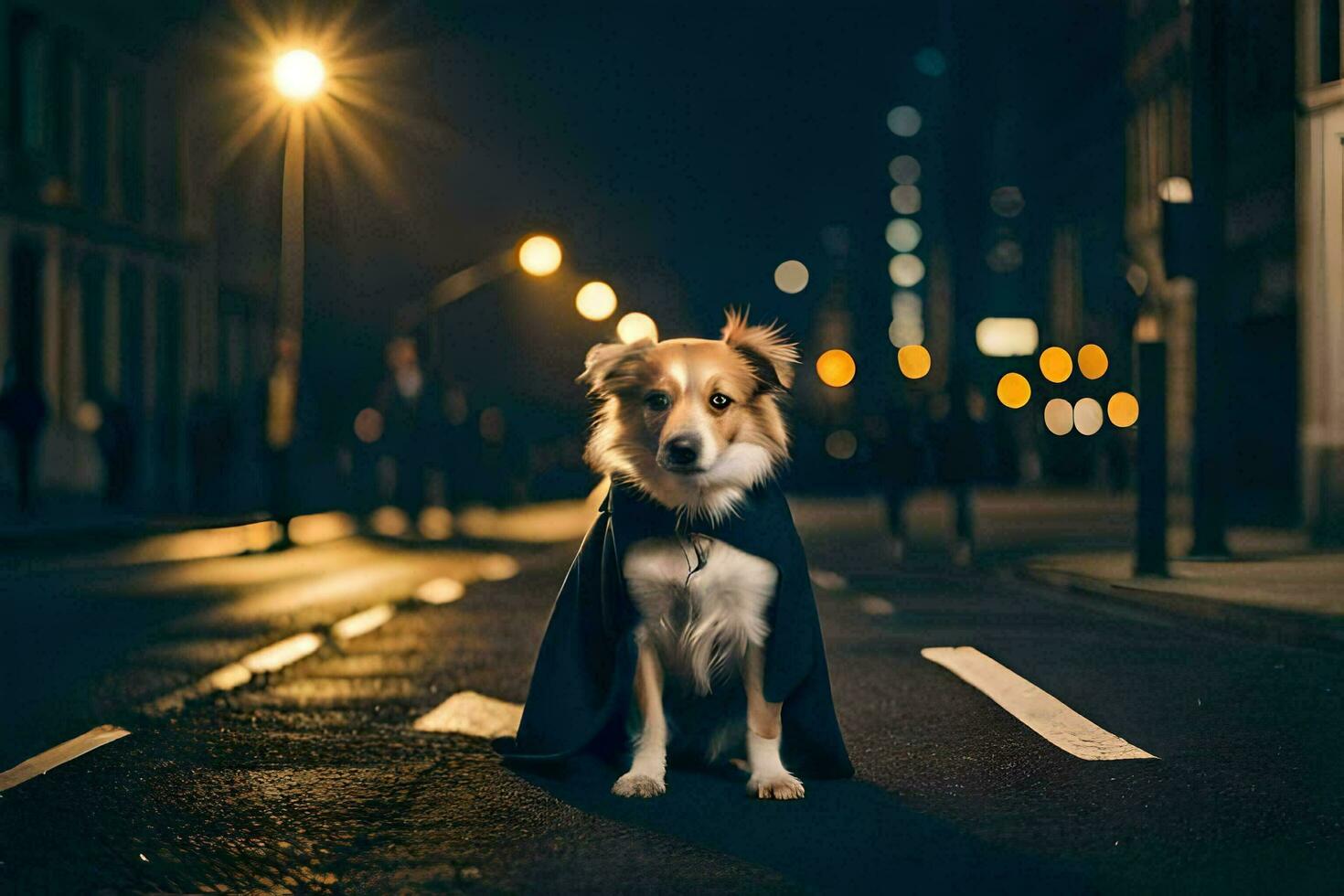 un perro vestido en un capa se sienta en el calle a noche. generado por ai foto