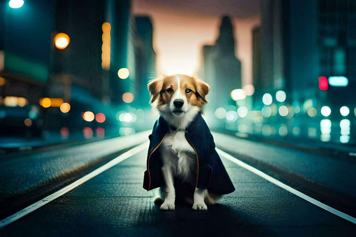 a dog wearing a coat and sitting on the street. AI-Generated photo