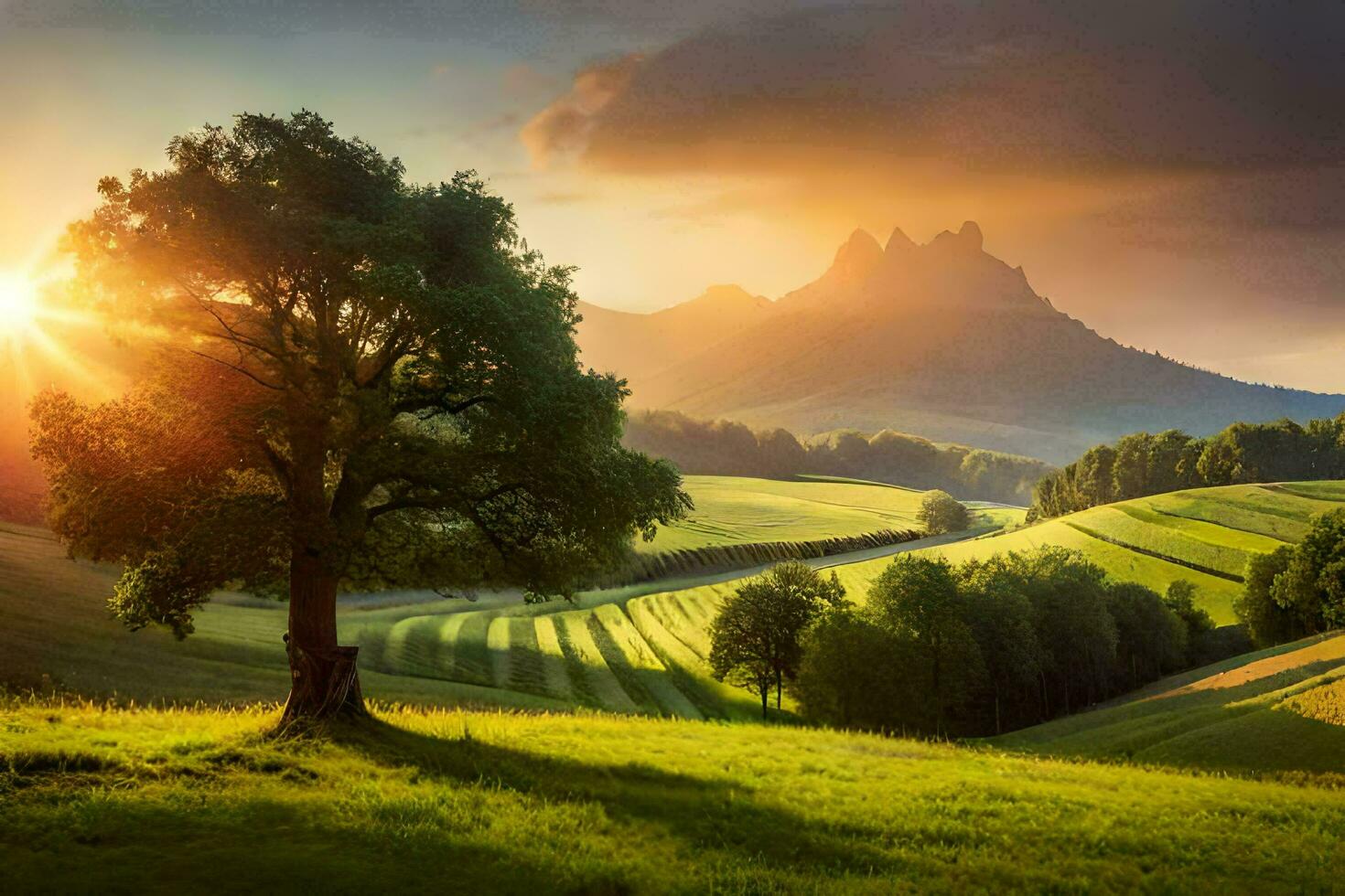 a tree stands in the middle of a field at sunset. AI-Generated photo