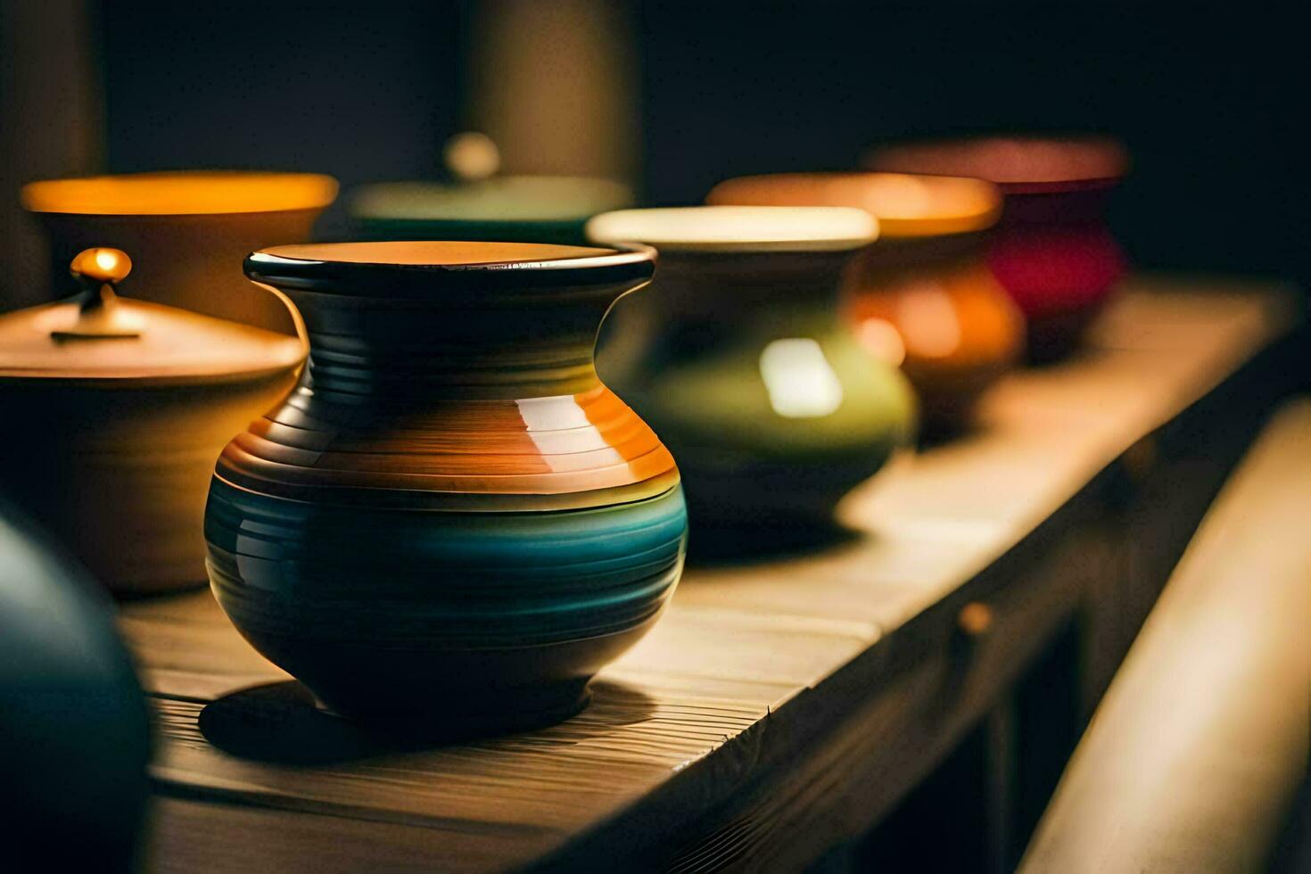 a row of colorful vases on a wooden table. AI-Generated photo