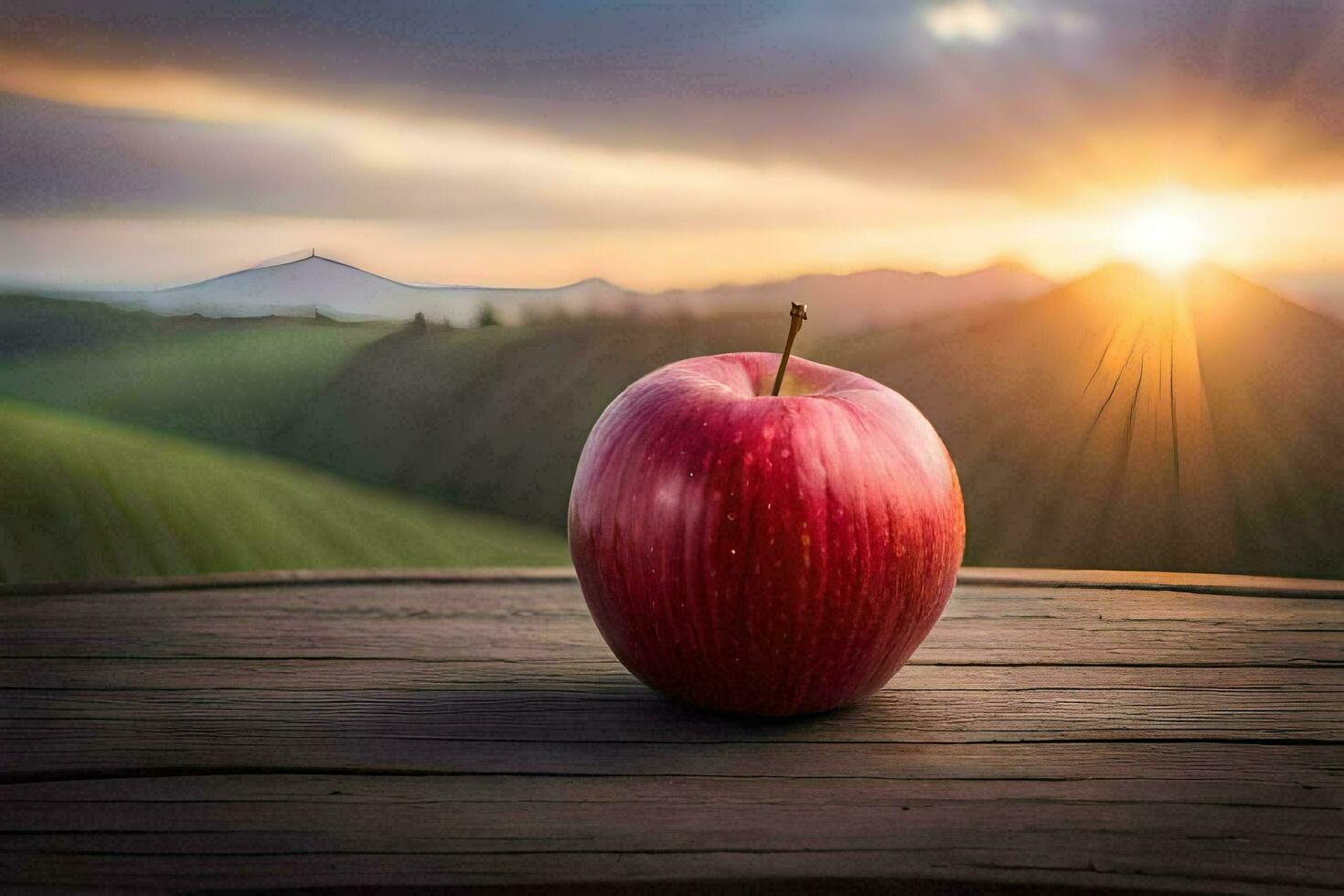 a red apple on a wooden table in front of a sunset. AI-Generated photo