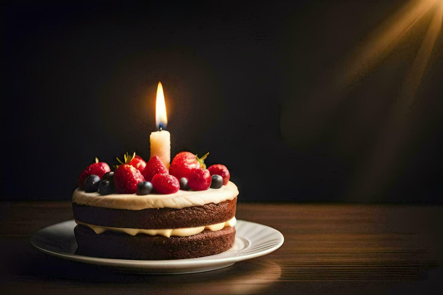 a birthday cake with a lit candle. AI-Generated photo