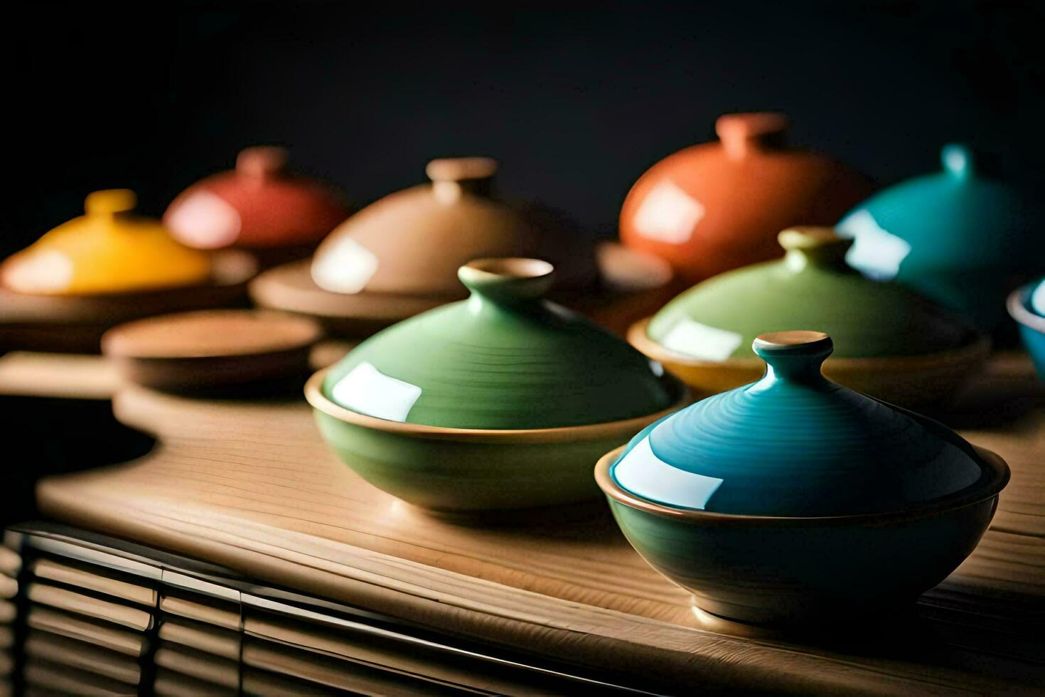 colorful ceramic bowls on a wooden table. AI-Generated photo