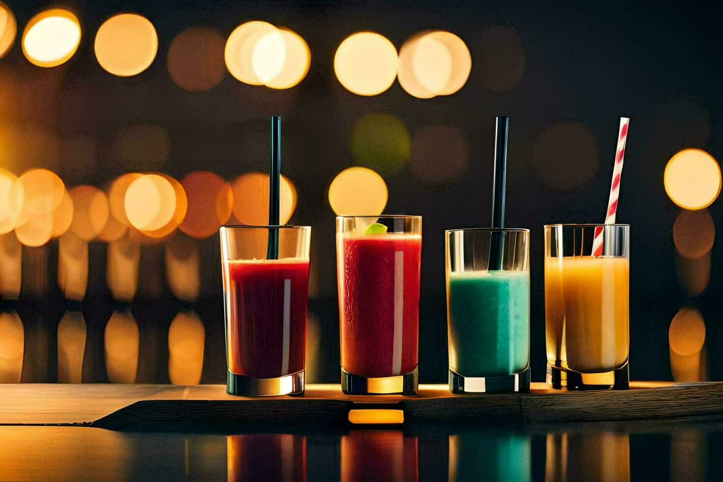 four different colored drinks on a wooden tray. AI-Generated photo