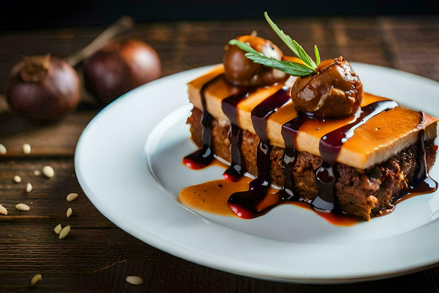 a piece of chocolate cake with caramel sauce on top. AI-Generated photo