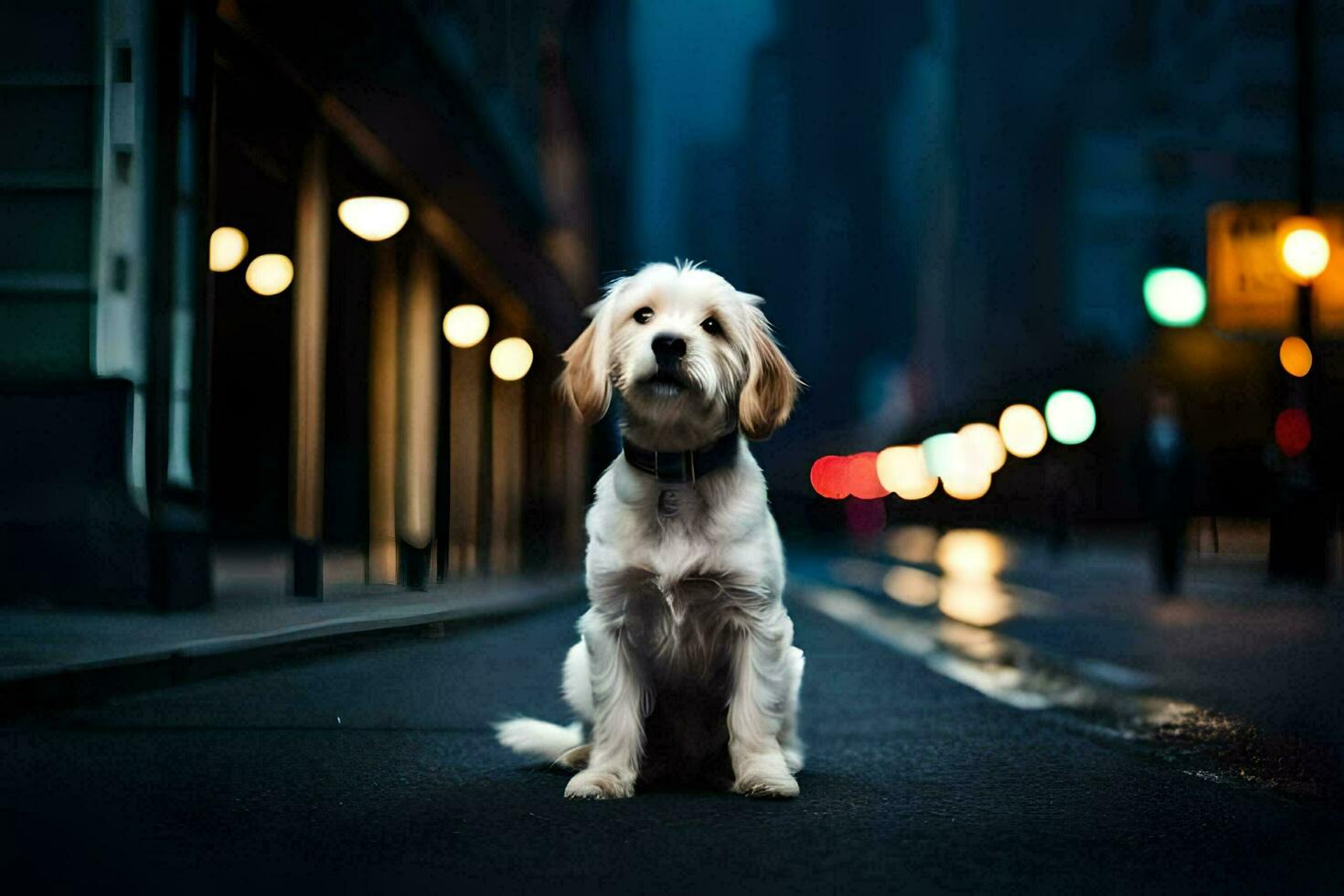 a dog sitting on the street at night. AI-Generated photo