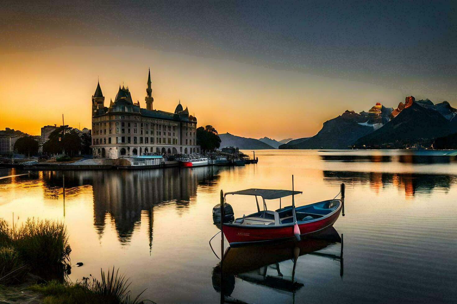 un barco se sienta en el agua a puesta de sol con un castillo en el antecedentes. generado por ai foto