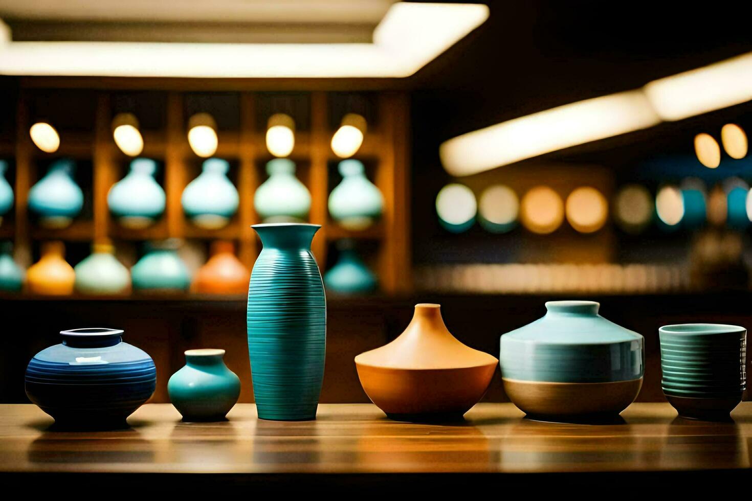 a row of vases on a wooden table. AI-Generated photo