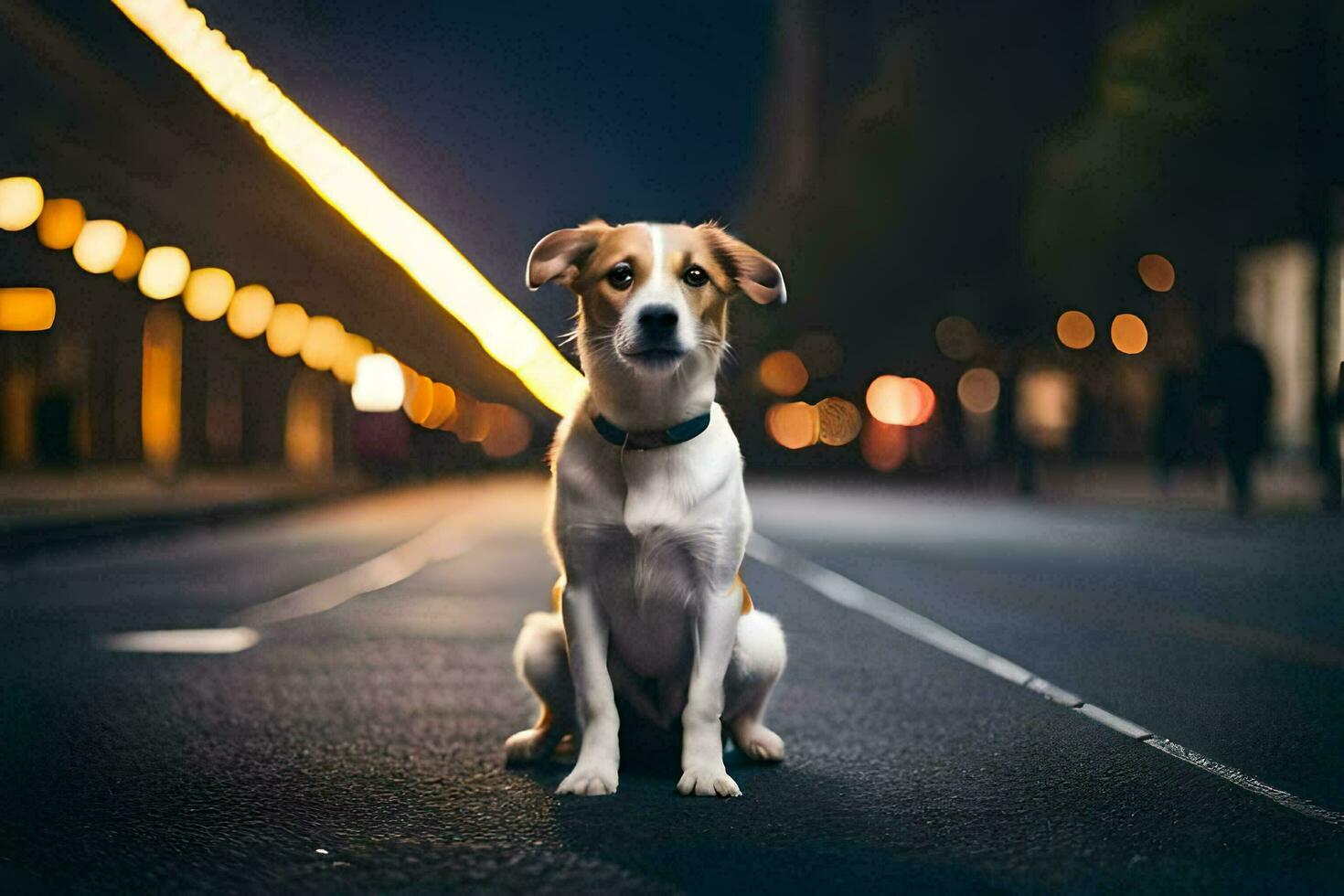 a dog sitting on the street at night. AI-Generated photo