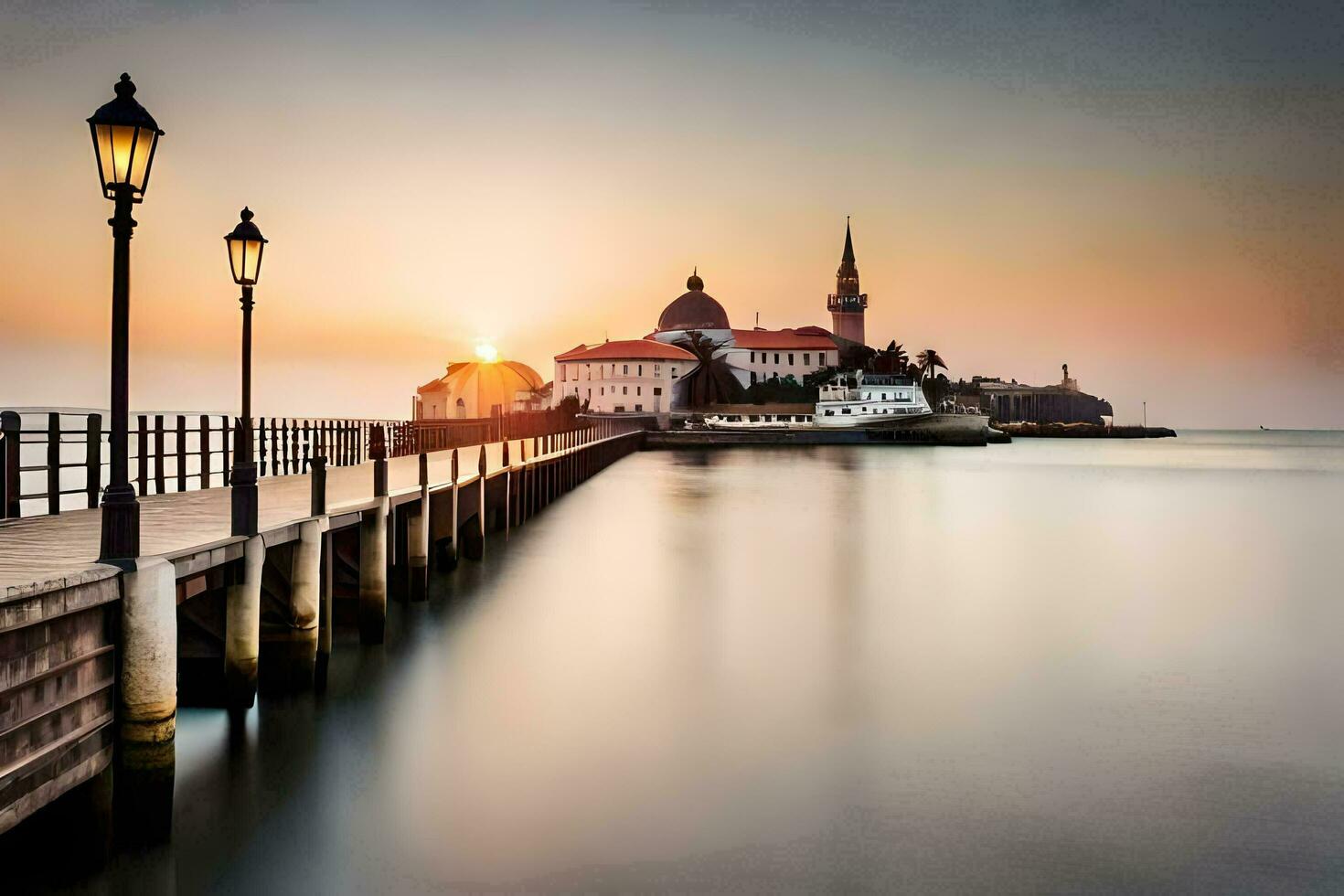 the sun is setting over a pier and a church. AI-Generated photo