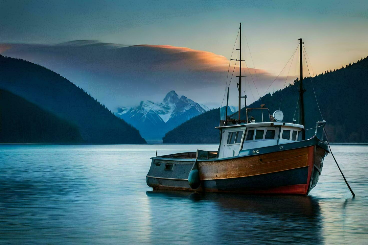 un barco se sienta en el agua en frente de montañas. generado por ai foto