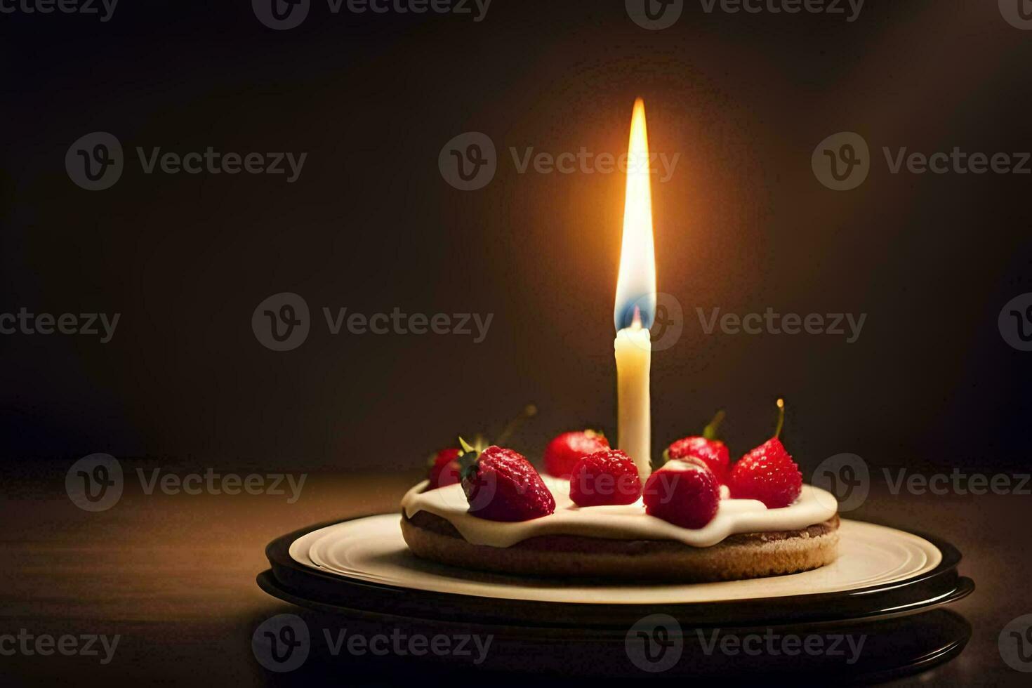 a single candle is lit on a cake with strawberries. AI-Generated photo