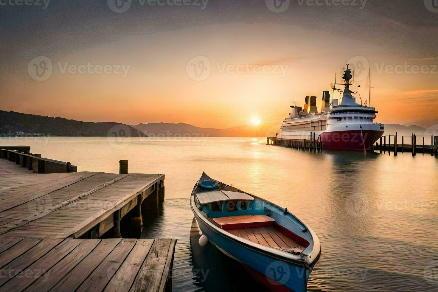 a boat sits on the dock at sunset. AI-Generated photo