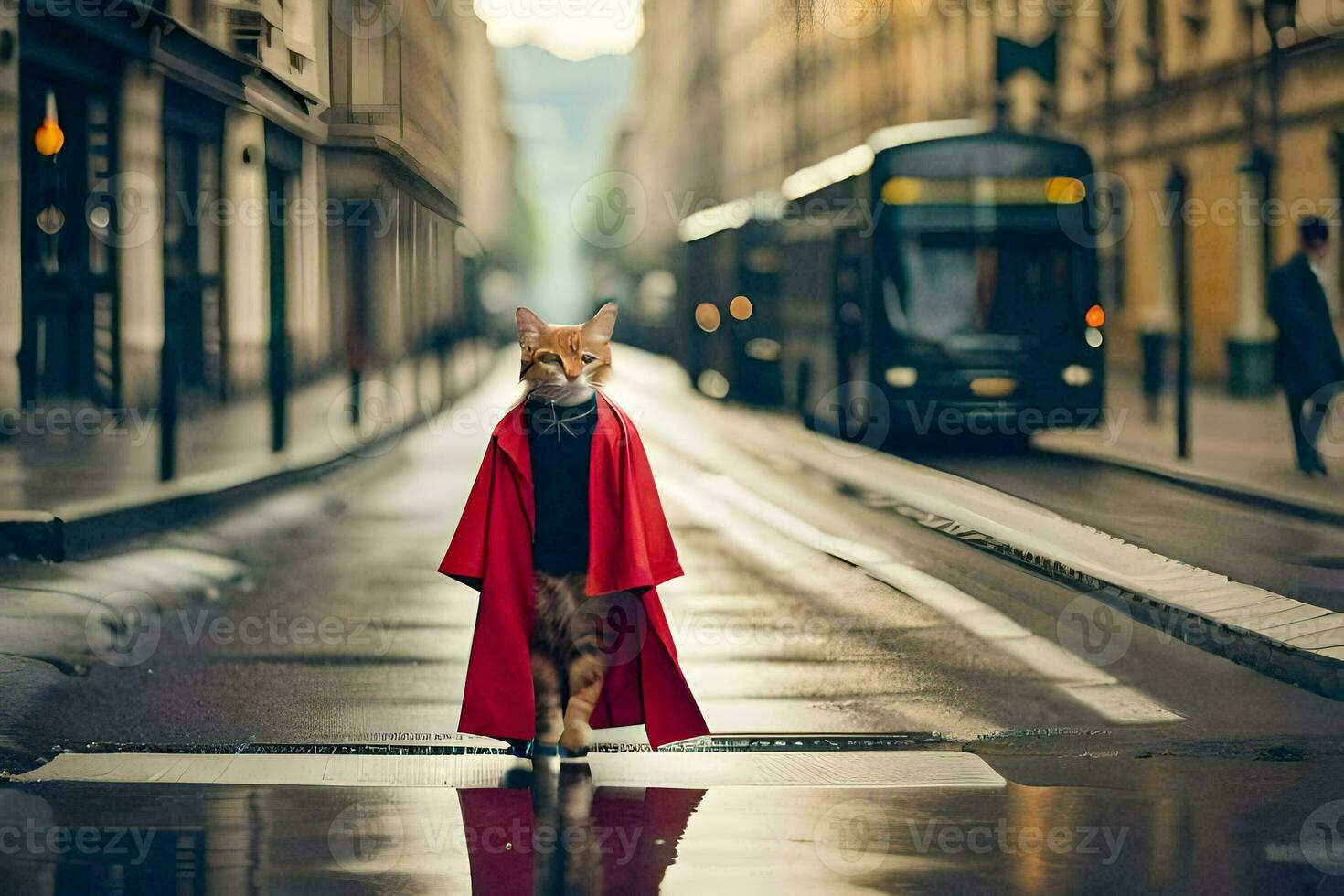 a cat in a red coat standing on a wet street. AI-Generated photo