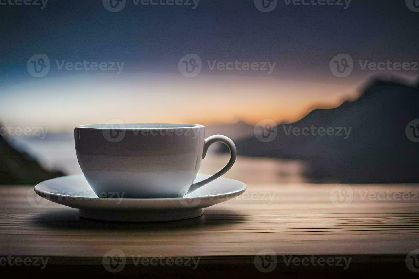 coffee cup on a wooden table with mountains in the background. AI-Generated photo