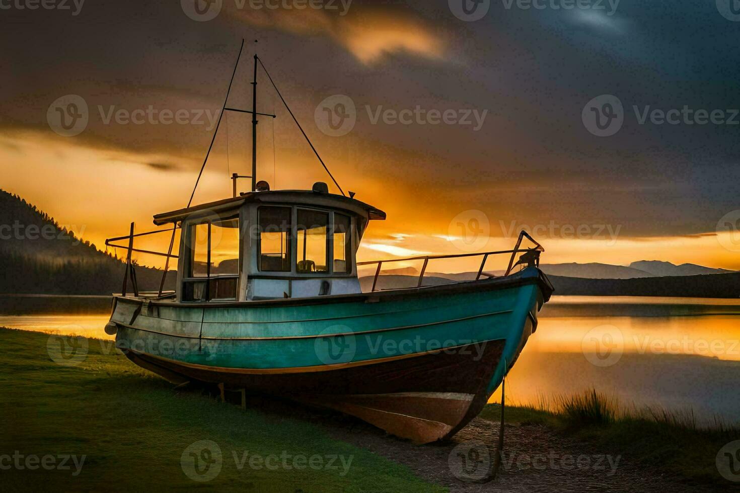 a boat sits on the shore at sunset. AI-Generated photo