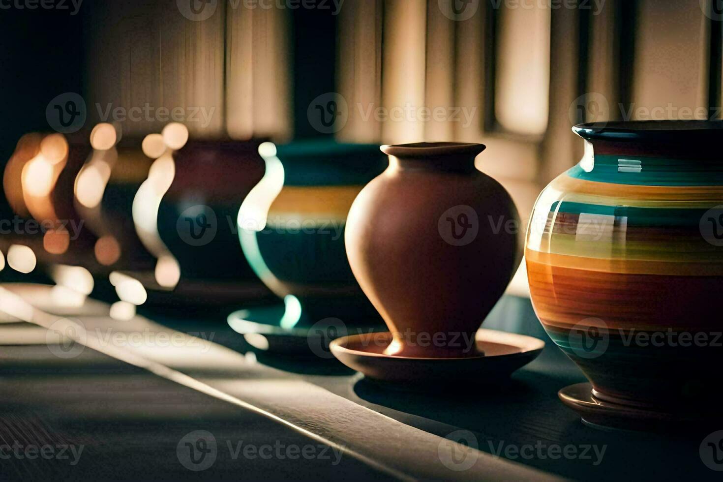 a row of colorful vases lined up on a table. AI-Generated photo