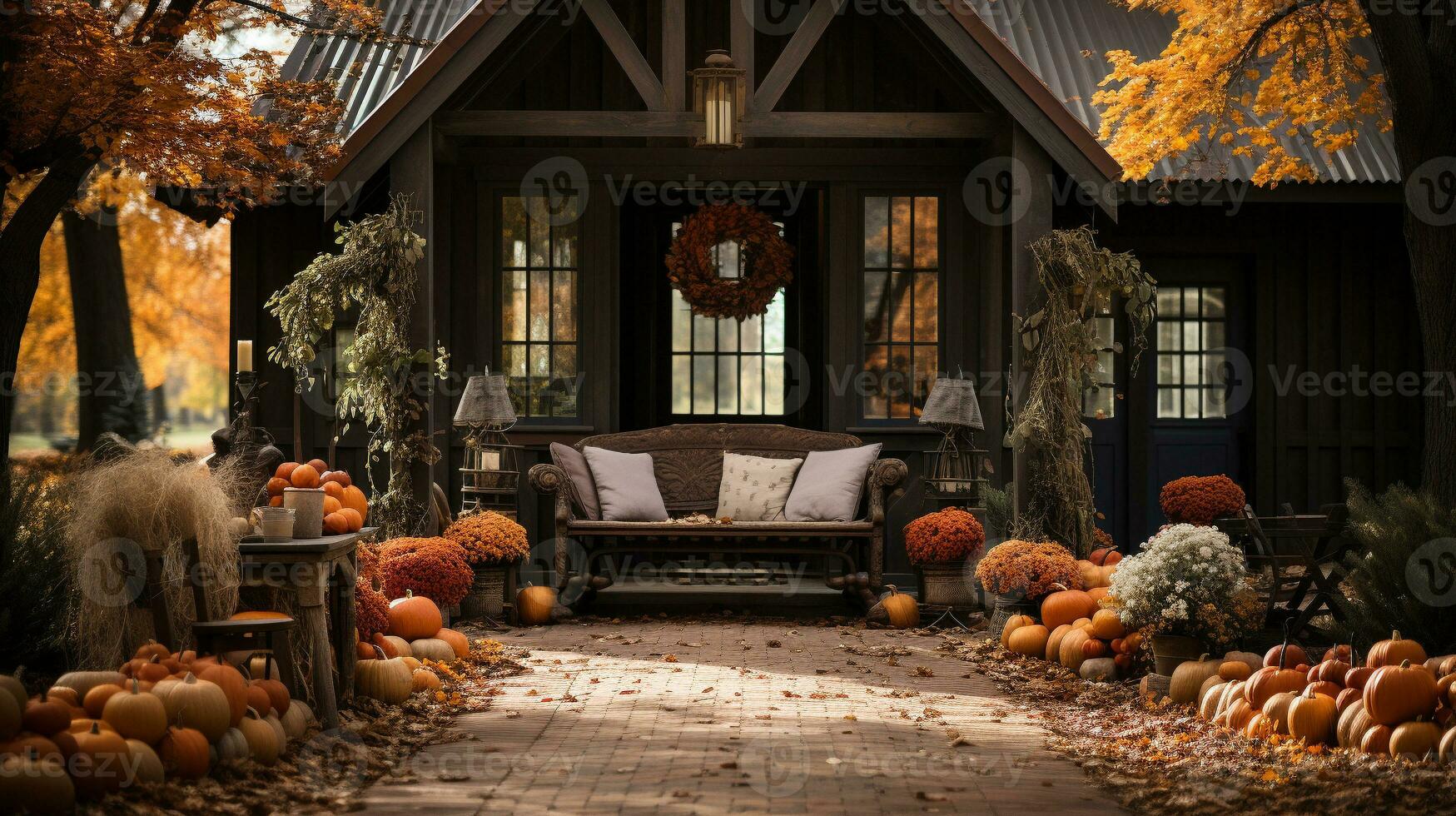 otoño y otoño hermosamente decorado casa porches con calabazas, calabazas y asientos - generativo ai. foto
