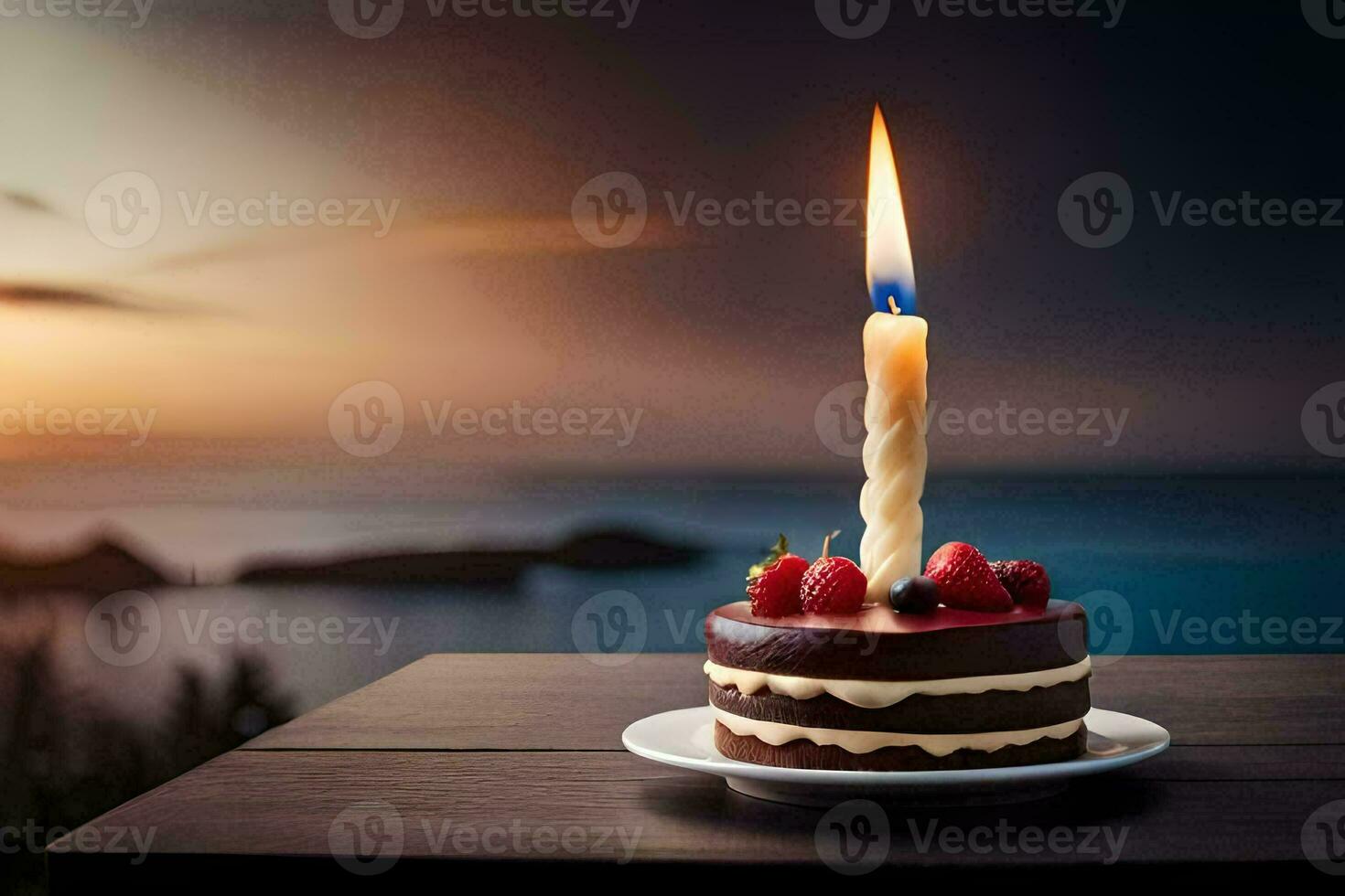 a chocolate cake with a single candle on top. AI-Generated photo