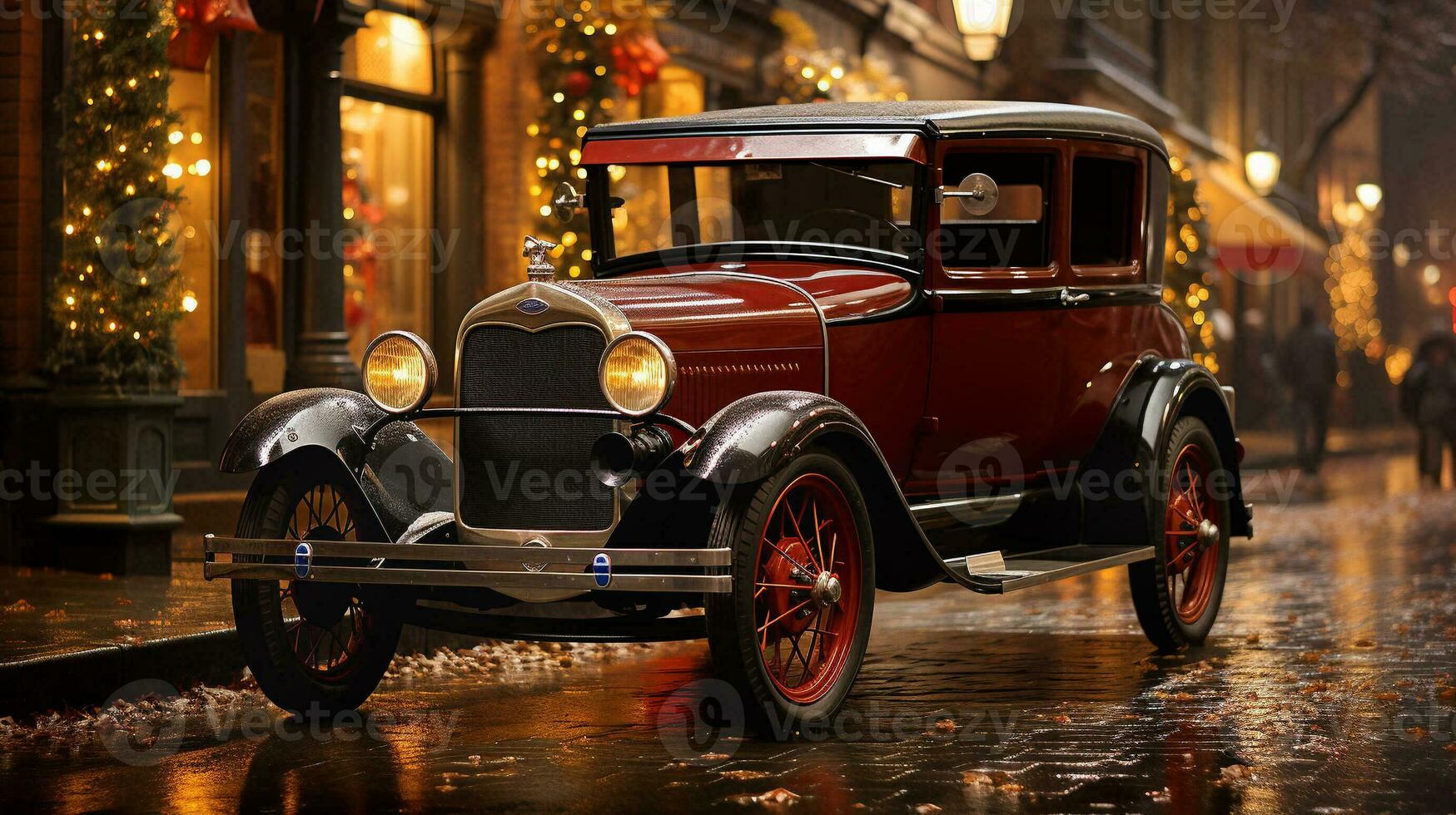 Classic Vintage Car Parked Outside The Festively Christmas Decorated Shops. Generative AI. photo