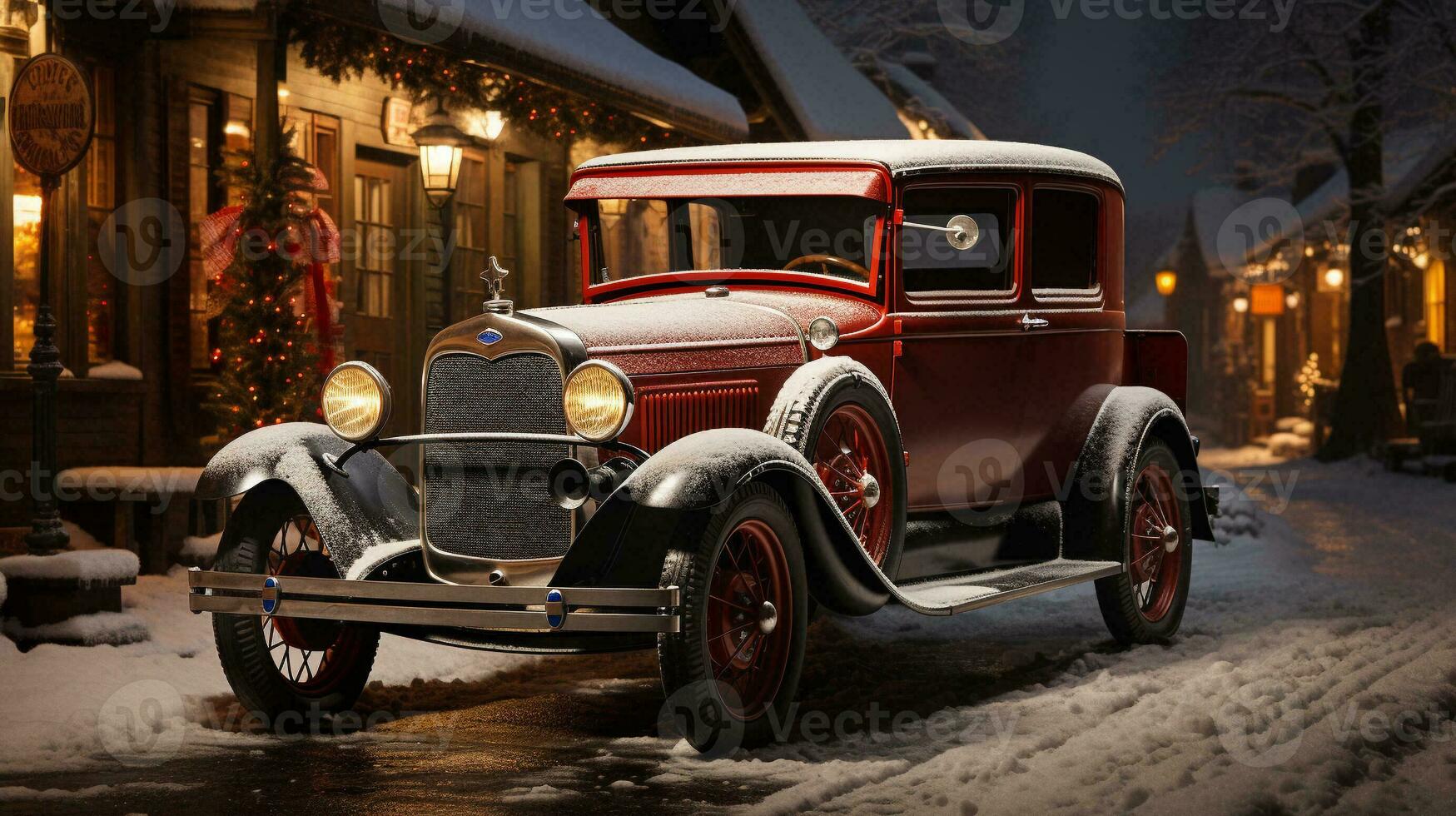 Classic Vintage Car Parked Outside The Festively Christmas Decorated Shops. Generative AI. photo