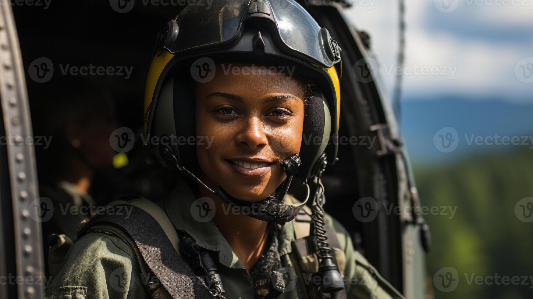 Female African American military helicopter pilot standing near her
