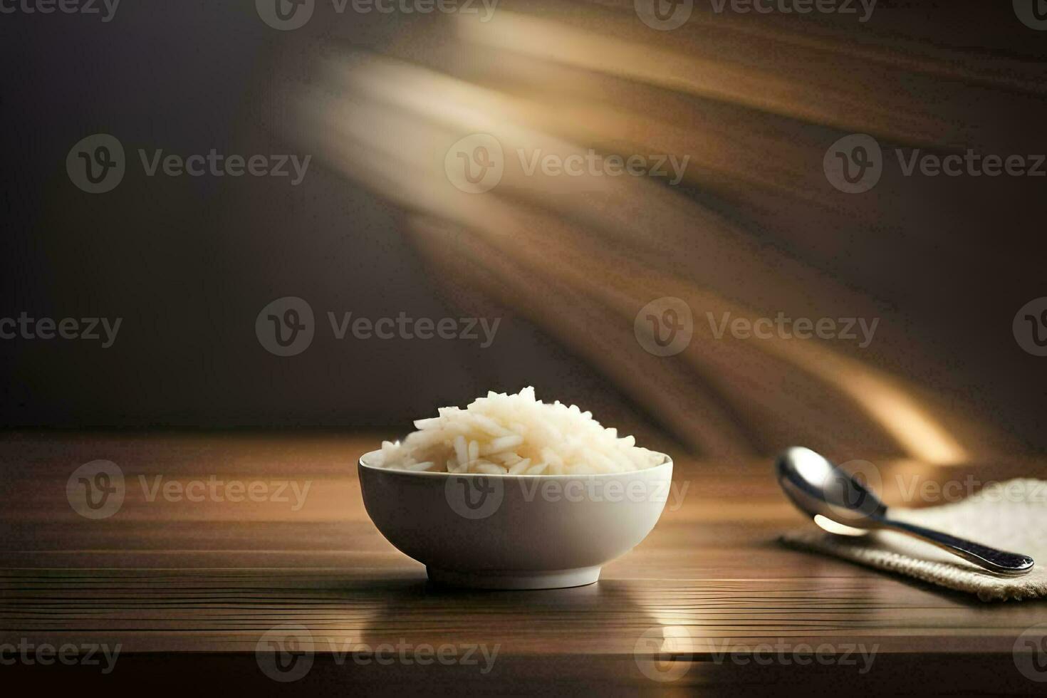 a bowl of rice on a wooden table. AI-Generated photo