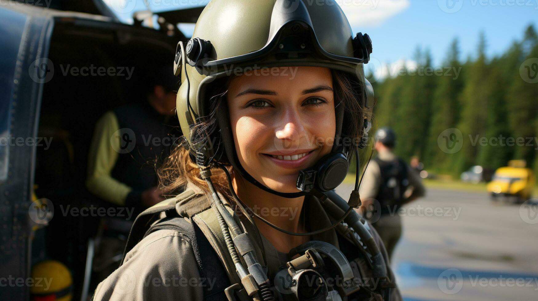 Female military helicopter pilot standing near her aircraft - generative AI. photo