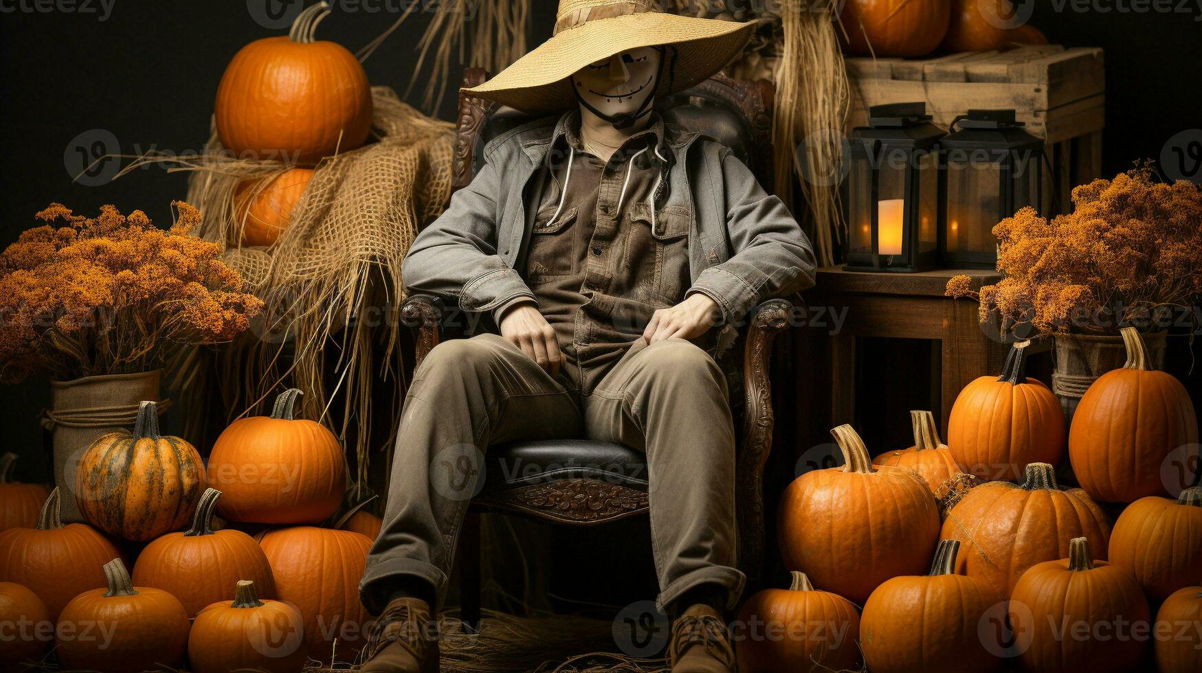 Decorated Halloween porch with pumpkins, hay bails and eerie ghostly figure sitting - generative AI. photo