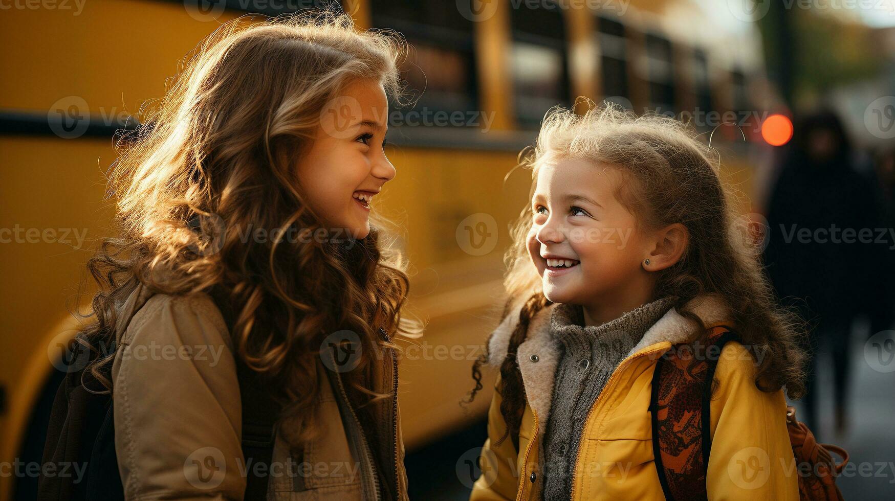 Two young student girlfriends wearing backpacks laughing near the school bus - Generative AI. photo