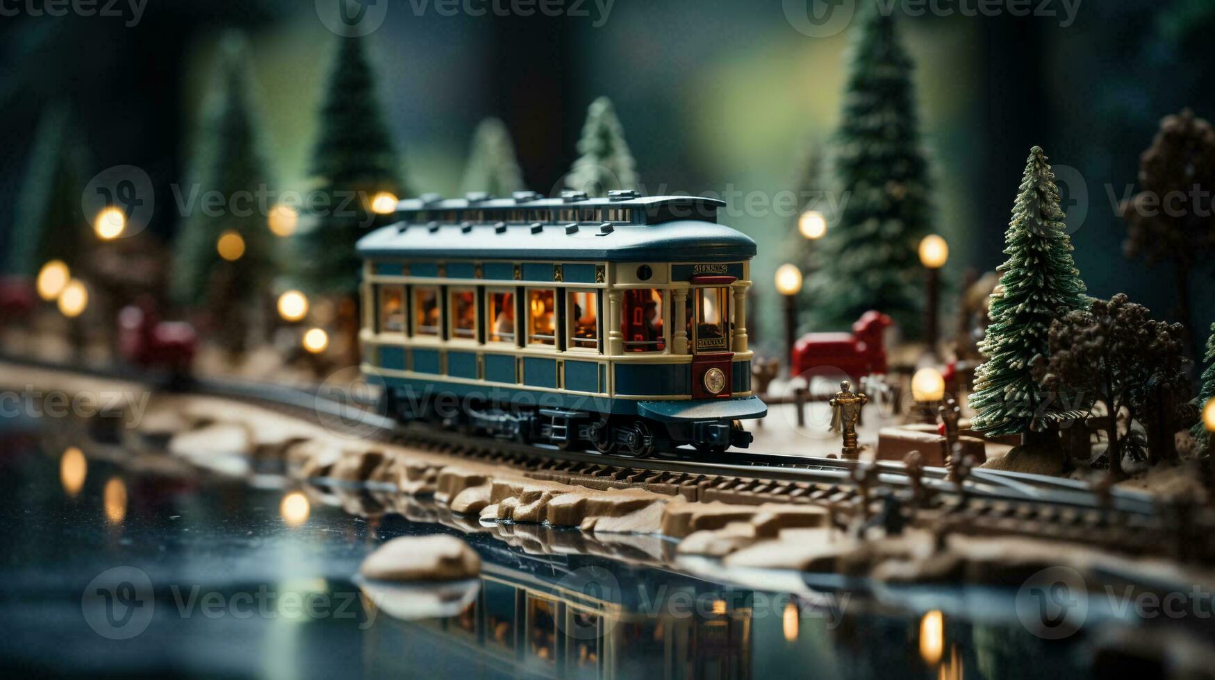 Model Miniature Troller Train Set and Snowy Christmas Decorated Town Setting. Generative AI. photo