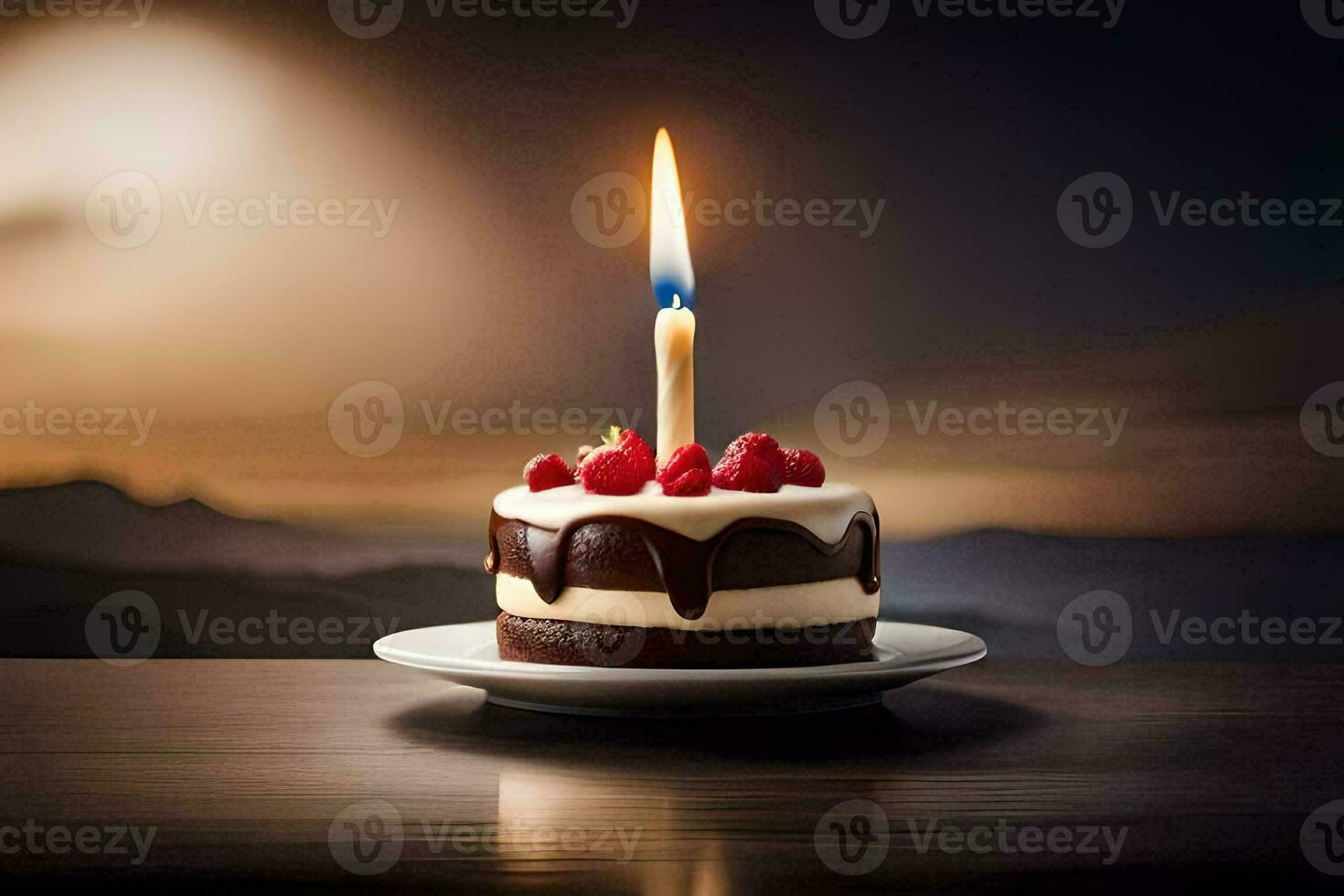 a chocolate cake with a single candle on top. AI-Generated photo