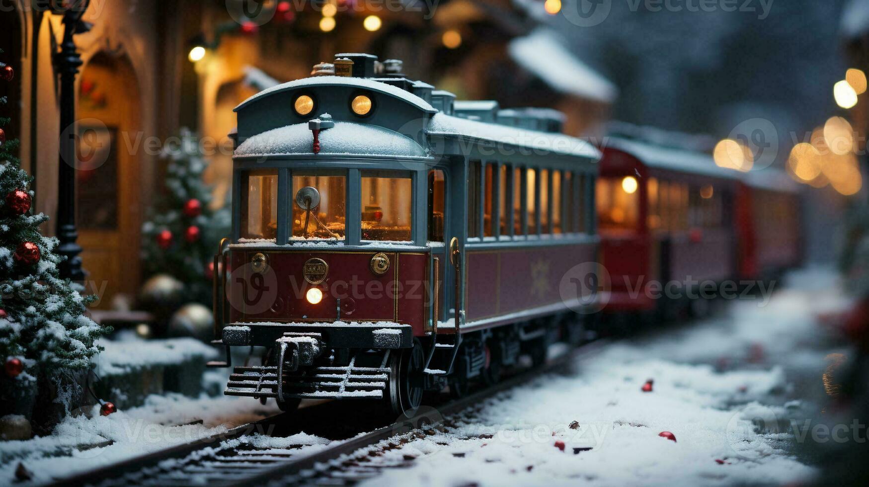 Model Miniature Troller Train Set and Snowy Christmas Decorated Town Setting. Generative AI. photo