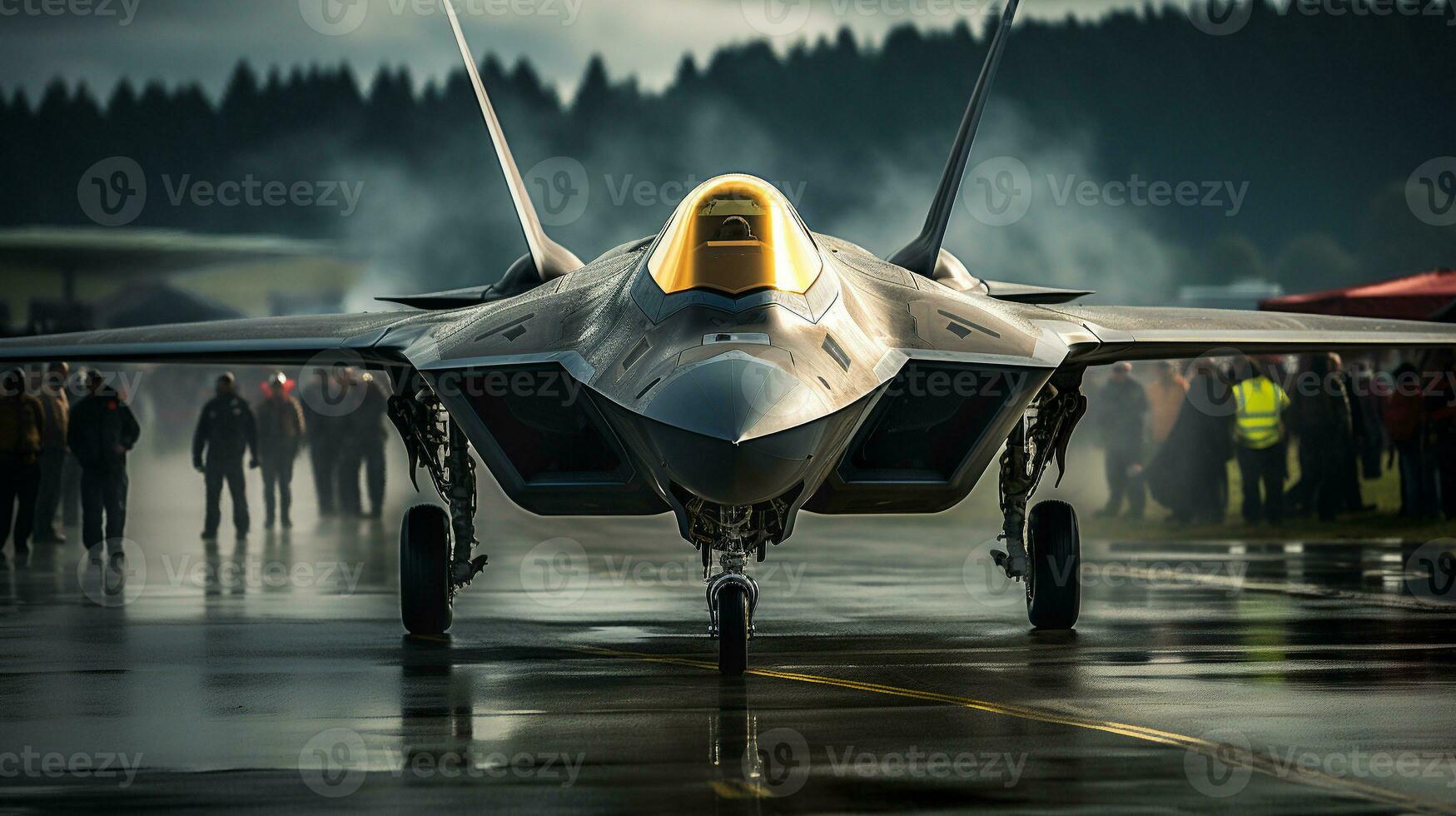 A Lockheed Martin F 35 Fighter Jet waiting on the runway. Generative AI. photo