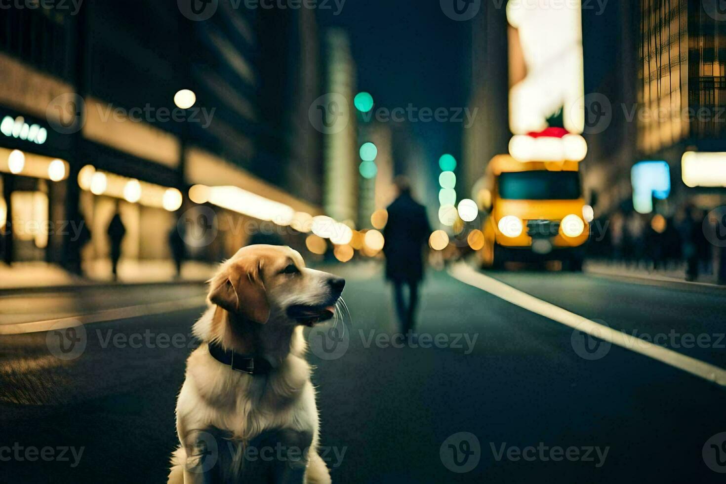 a dog sitting on the street at night. AI-Generated photo