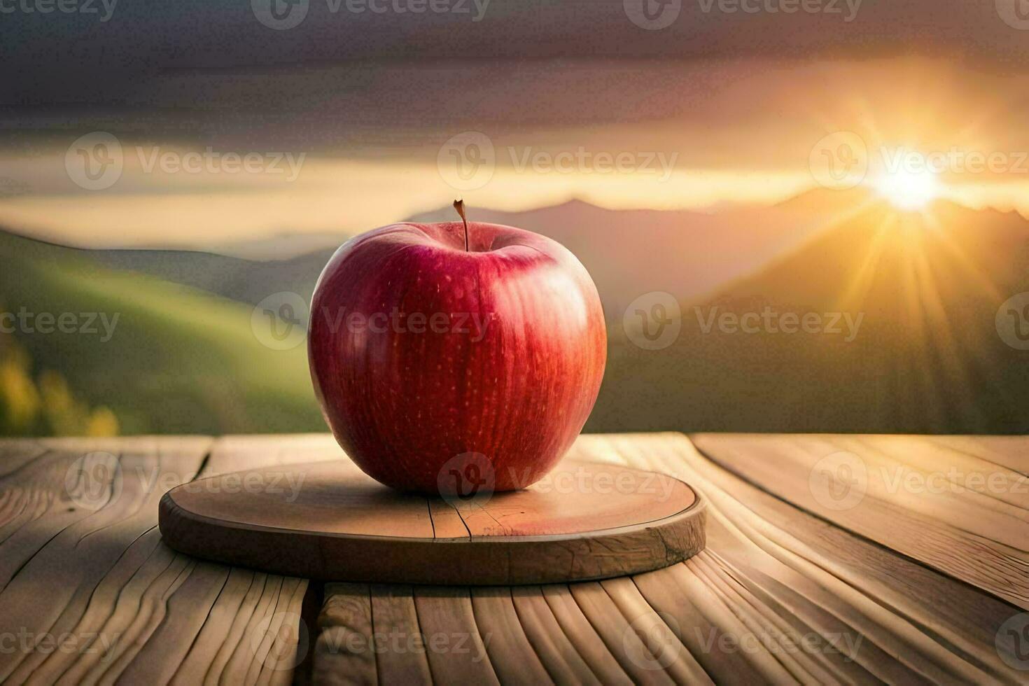 an apple sits on a wooden table in front of a sunset. AI-Generated photo
