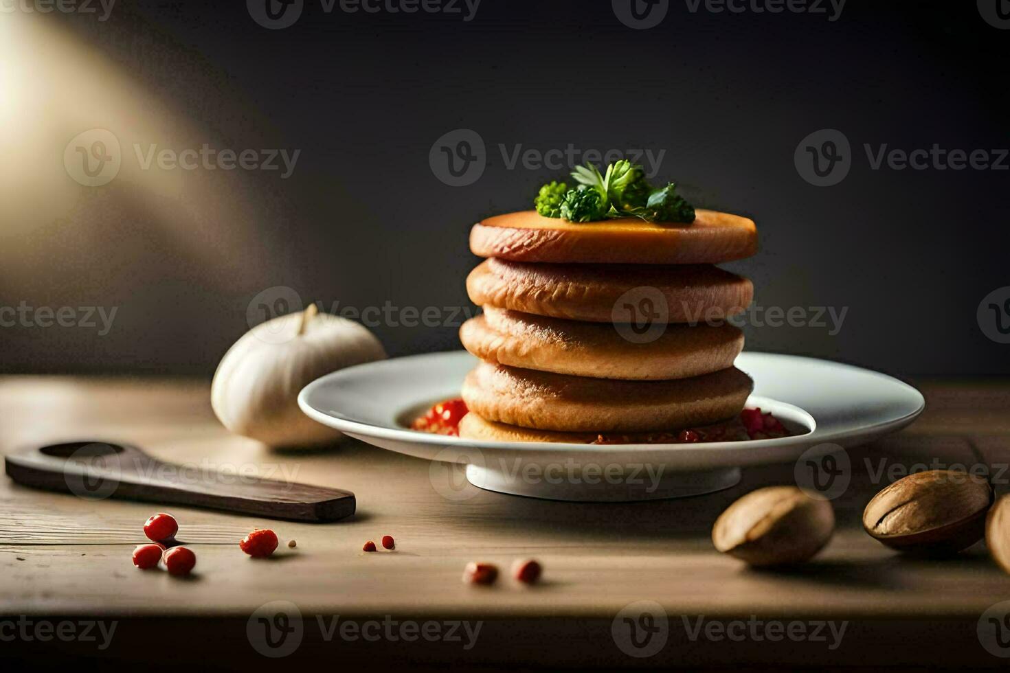 a stack of pancakes on a plate with nuts and spices. AI-Generated photo