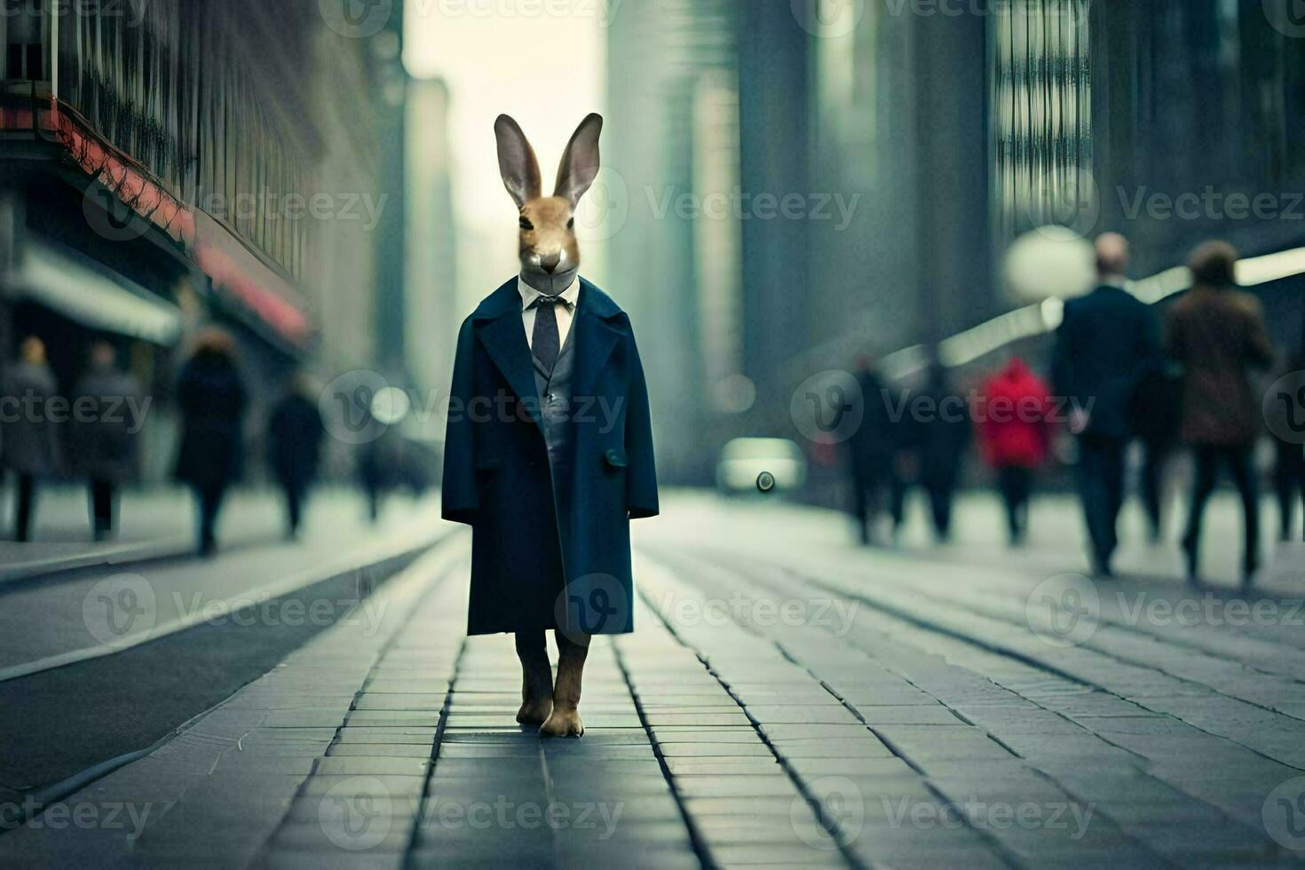 a rabbit wearing a suit and tie on a city street. AI-Generated photo