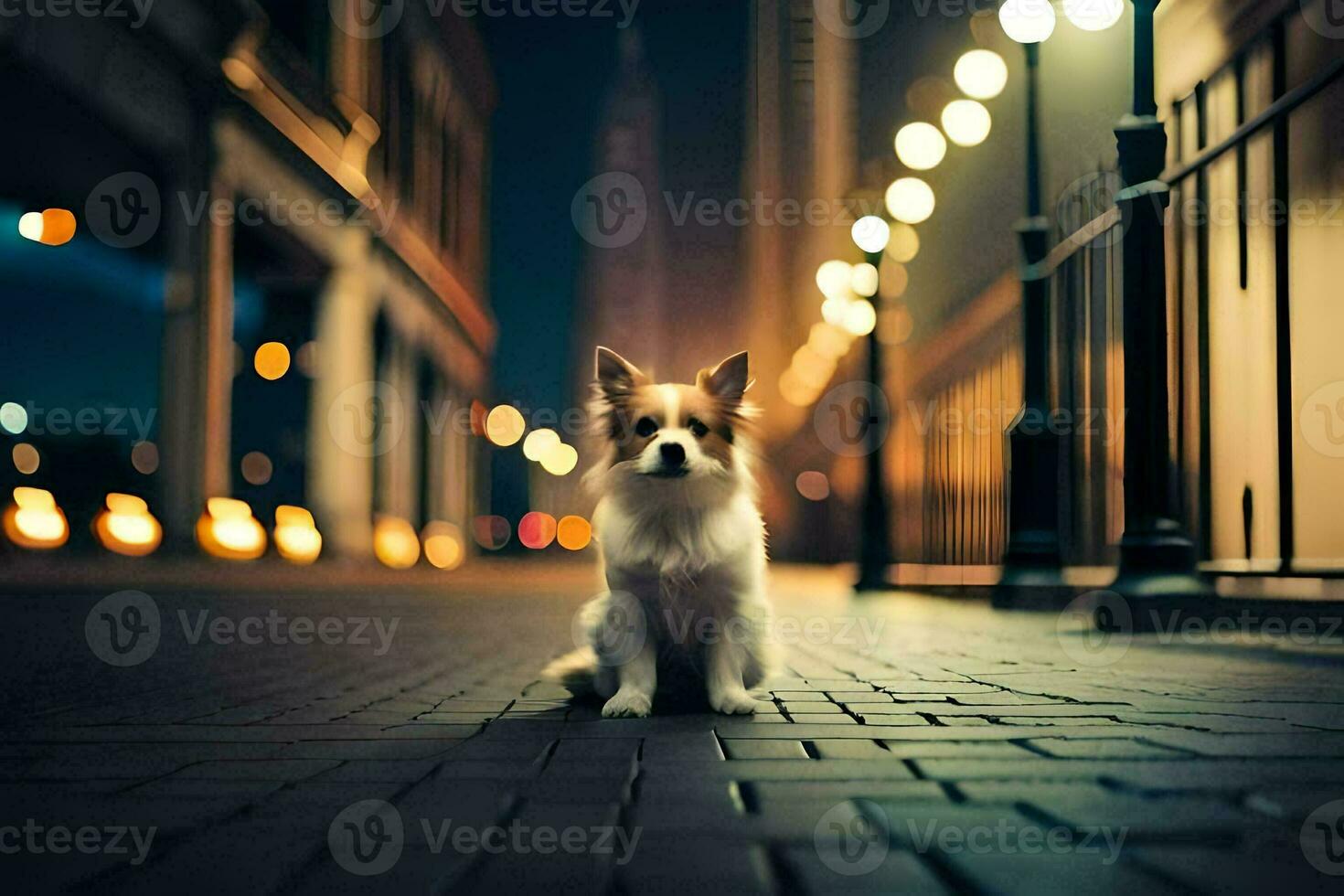 a dog sitting on the sidewalk at night. AI-Generated photo