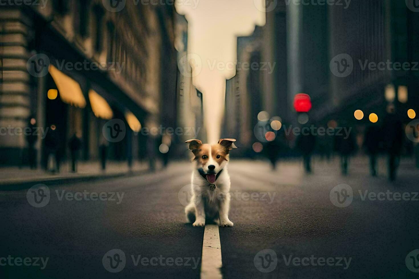 un perro es en pie en el medio de un ciudad calle. generado por ai foto