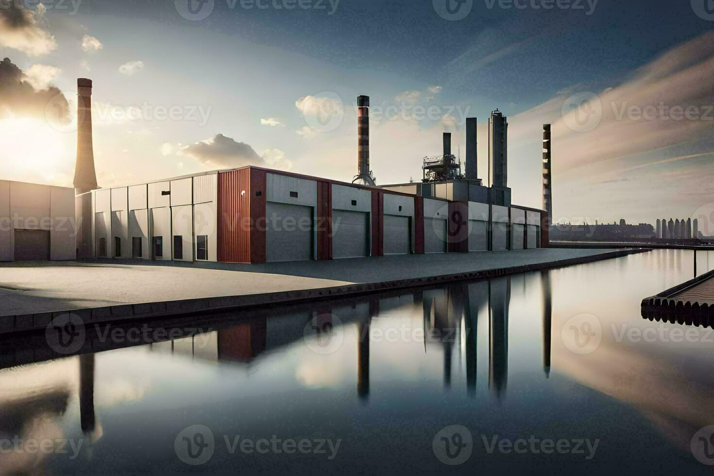 a factory with a large waterway in front of it. AI-Generated photo