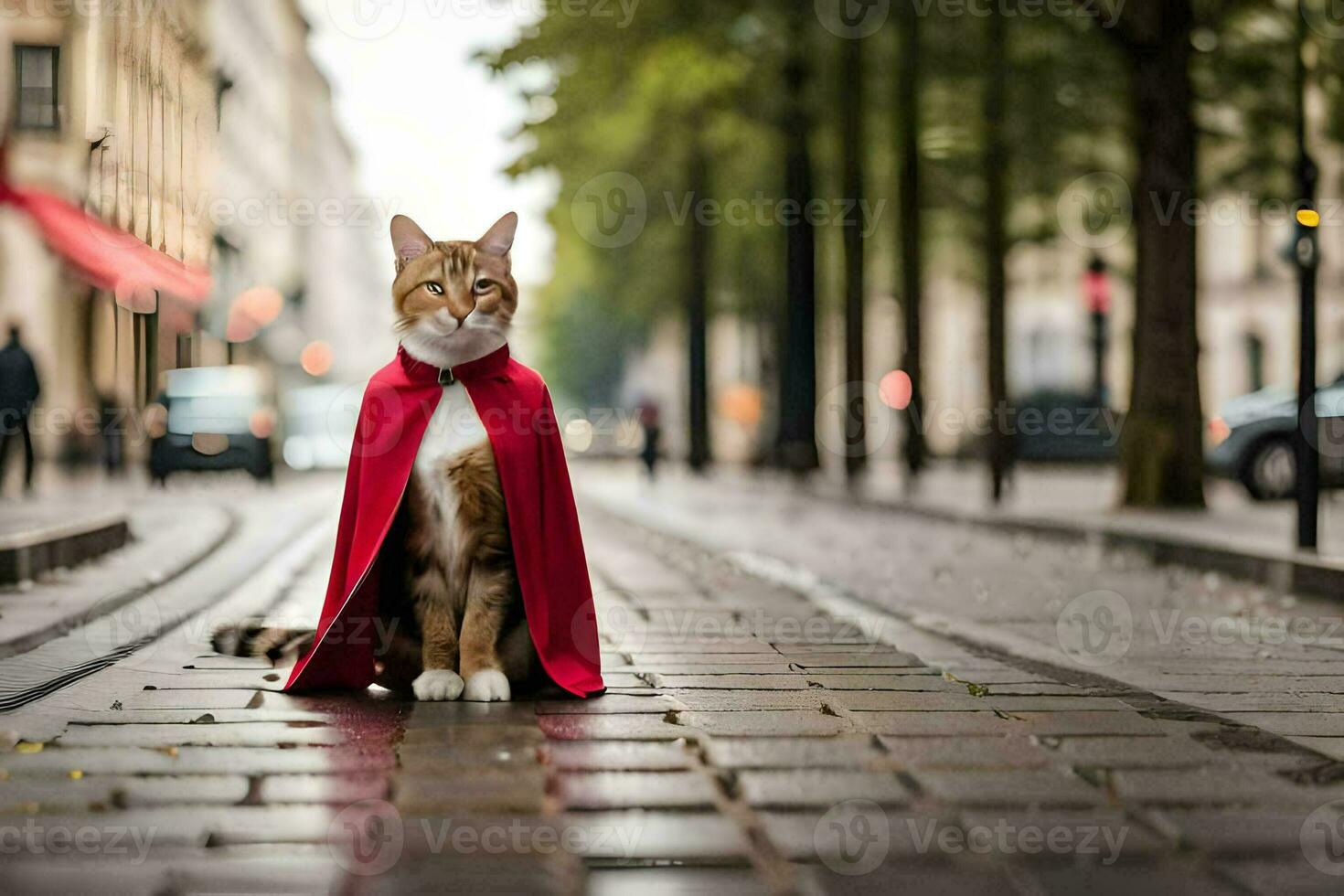 a cat wearing a red cape on a street. AI-Generated photo