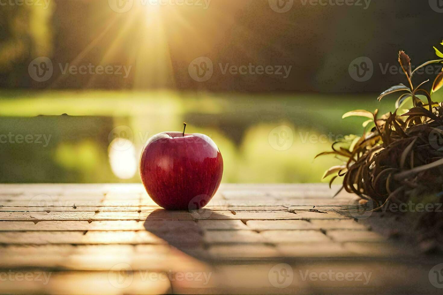 an apple sits on a brick walkway in front of a pond. AI-Generated photo