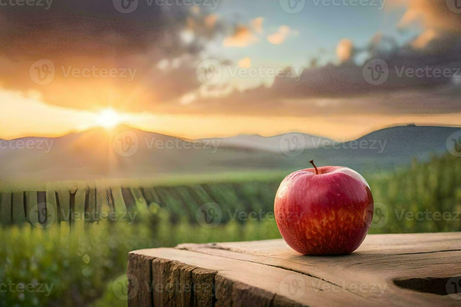 apple on a wooden table in the sunset. AI-Generated photo