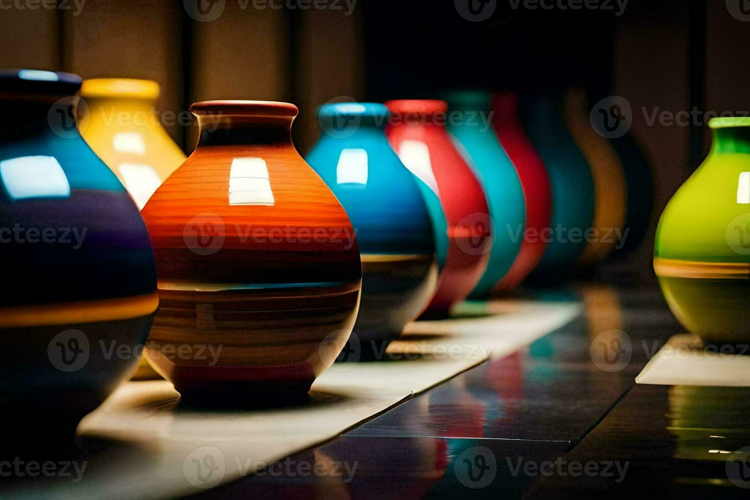 a row of colorful vases lined up in a row. AI-Generated photo