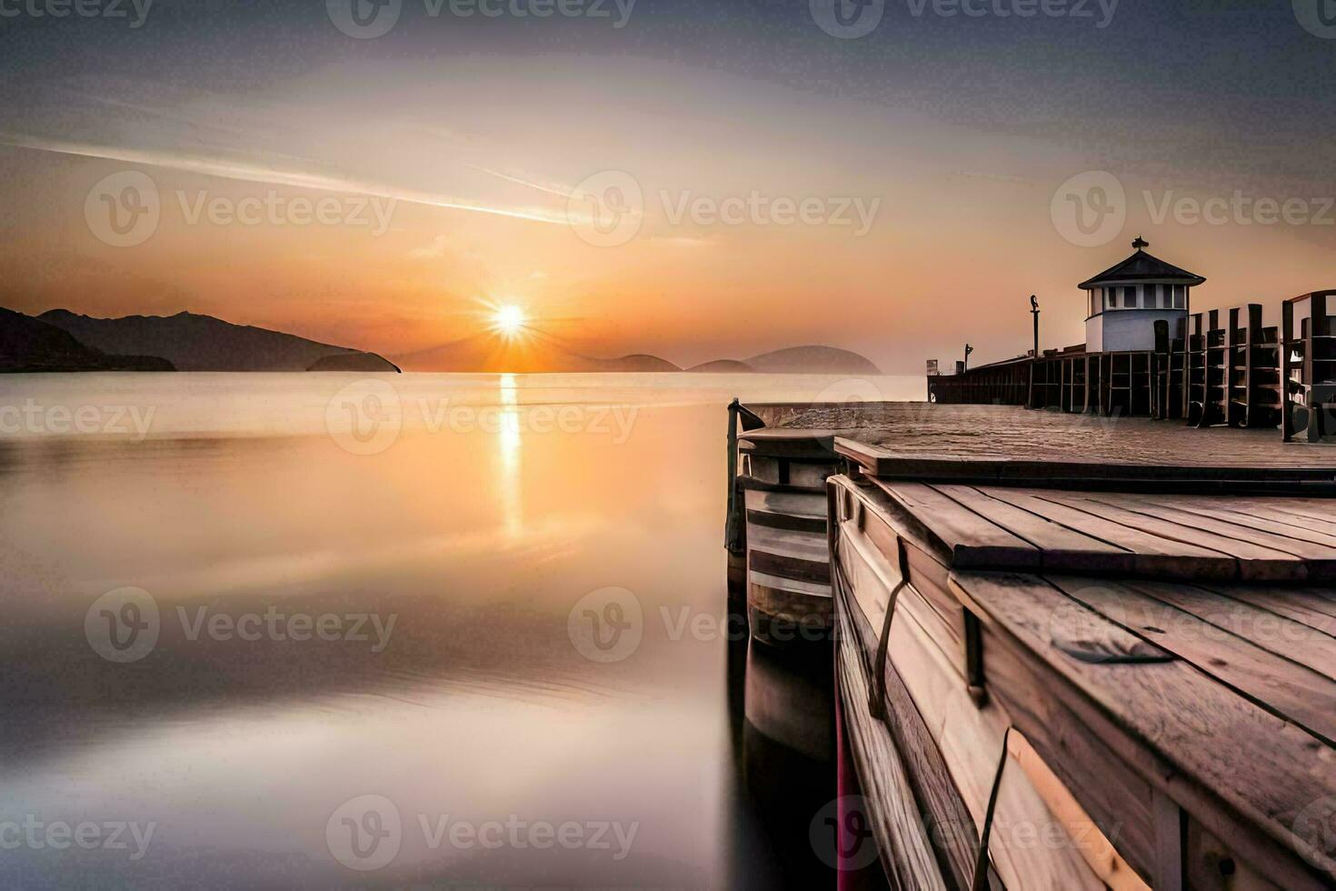 a wooden dock with a lighthouse at sunset. AI-Generated photo