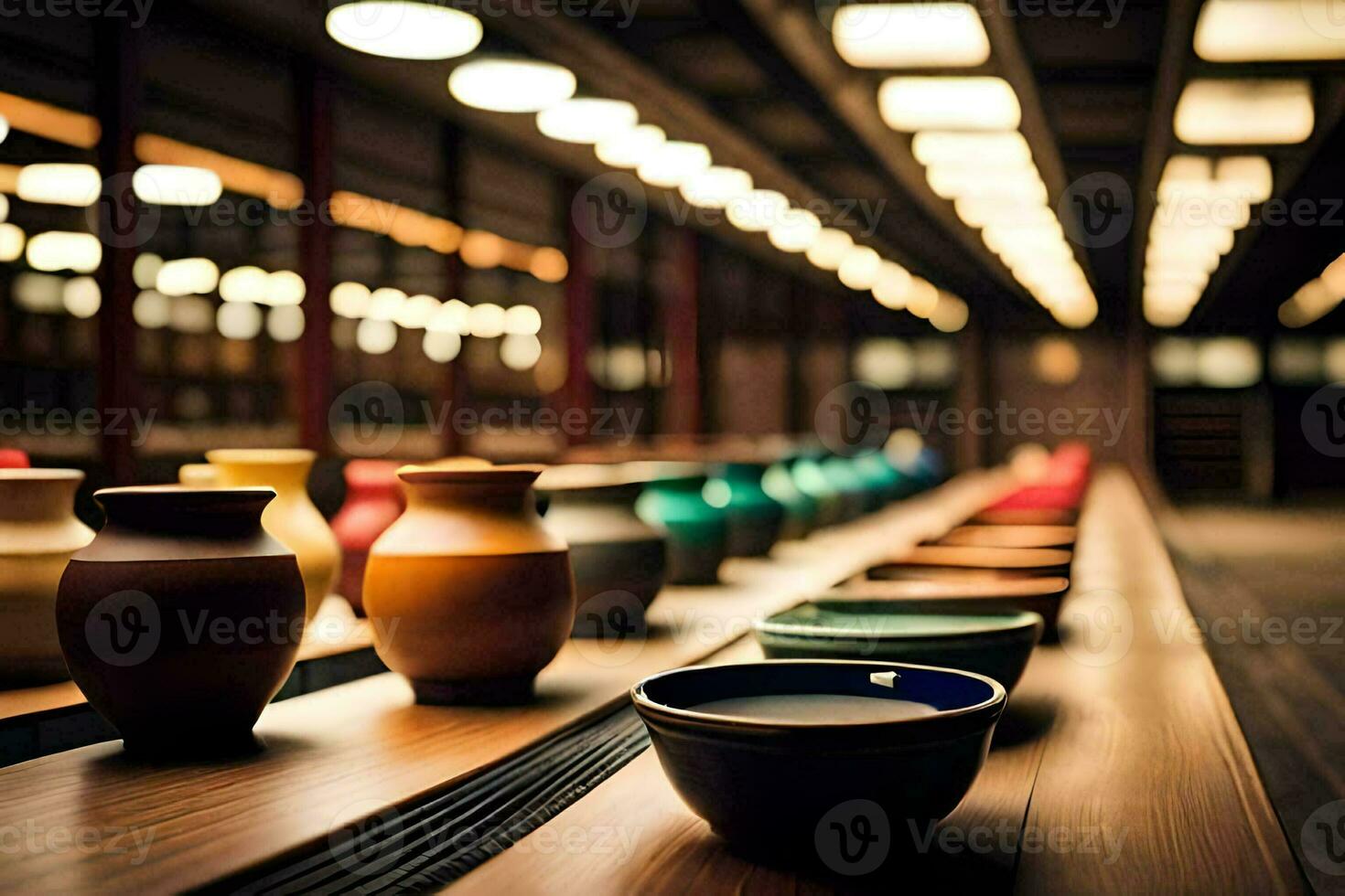 a row of colorful bowls on a table. AI-Generated photo